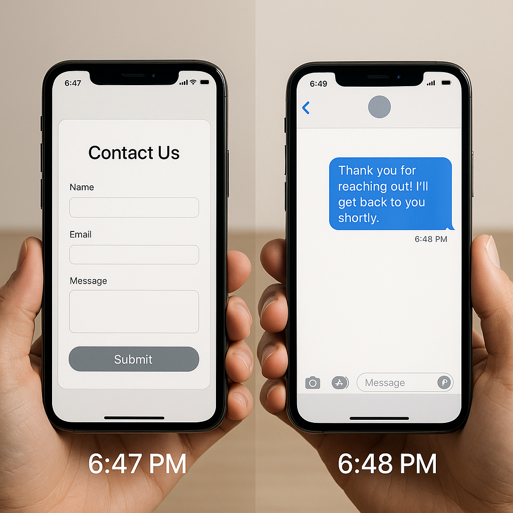 Two phones showing inquiry at 6:47 PM and response at 6:48 PM