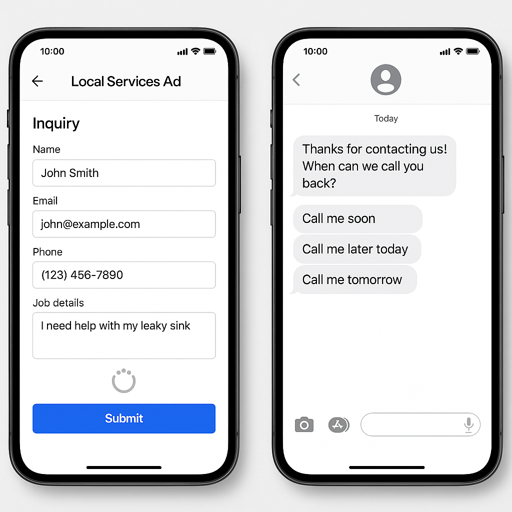 Split-screen showing an LSA inquiry submission and an immediate SMS callback confirmation